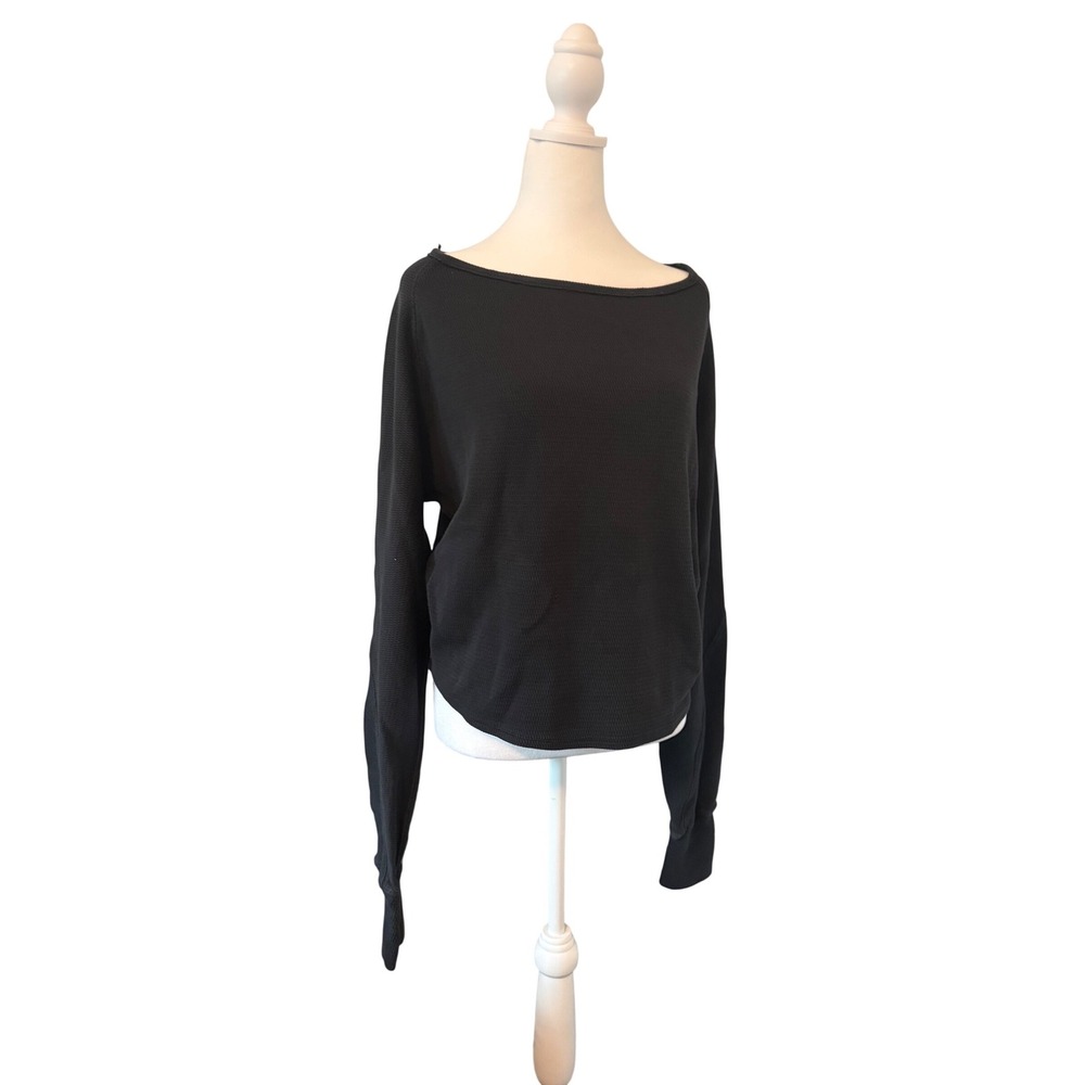 We The Free Free People Black Waffle Knit Thermal Boat Neck Top OB2291593 L/G